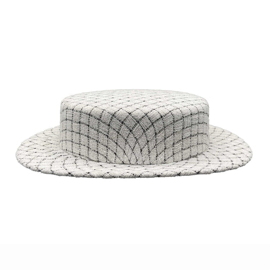 CHANEL - Quilted Fantasy Tweed CC Boater Hat - Black, White