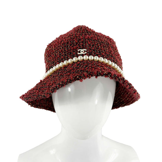 CHANEL - Tweed Boucle Bucket Hat - Pearls / Maroon / CC Logo - Size 57