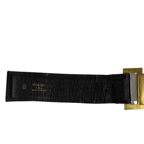 CHANEL - Vintage 1980's Black Leather and Gold Buckle CC Link Belt - 75 / 30