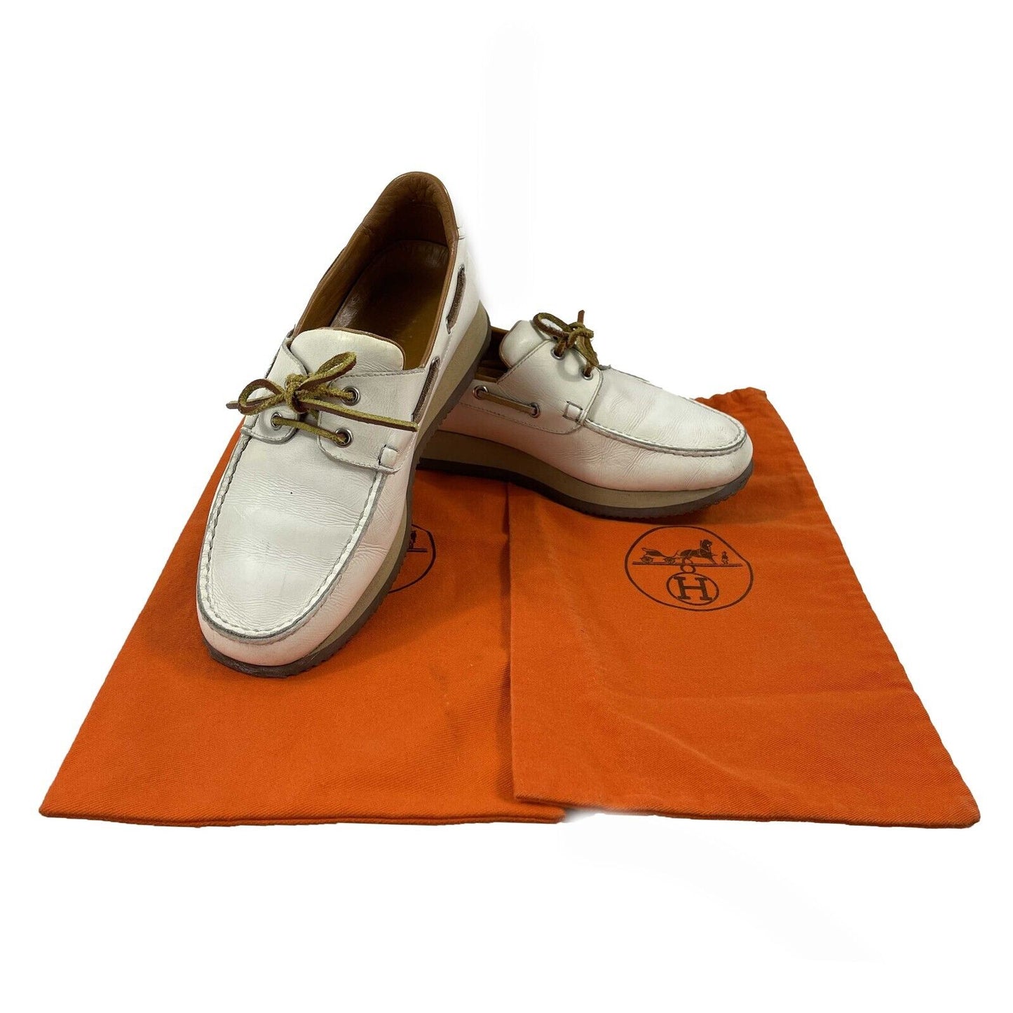 HERMES - Leather Lace Up Nautical Platform Loafers - White / Brown 38 US 8