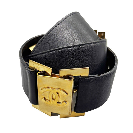 CHANEL - Collection 26 - Black Leather & Gold-Tone Link 1980 Belt - 38 / 95