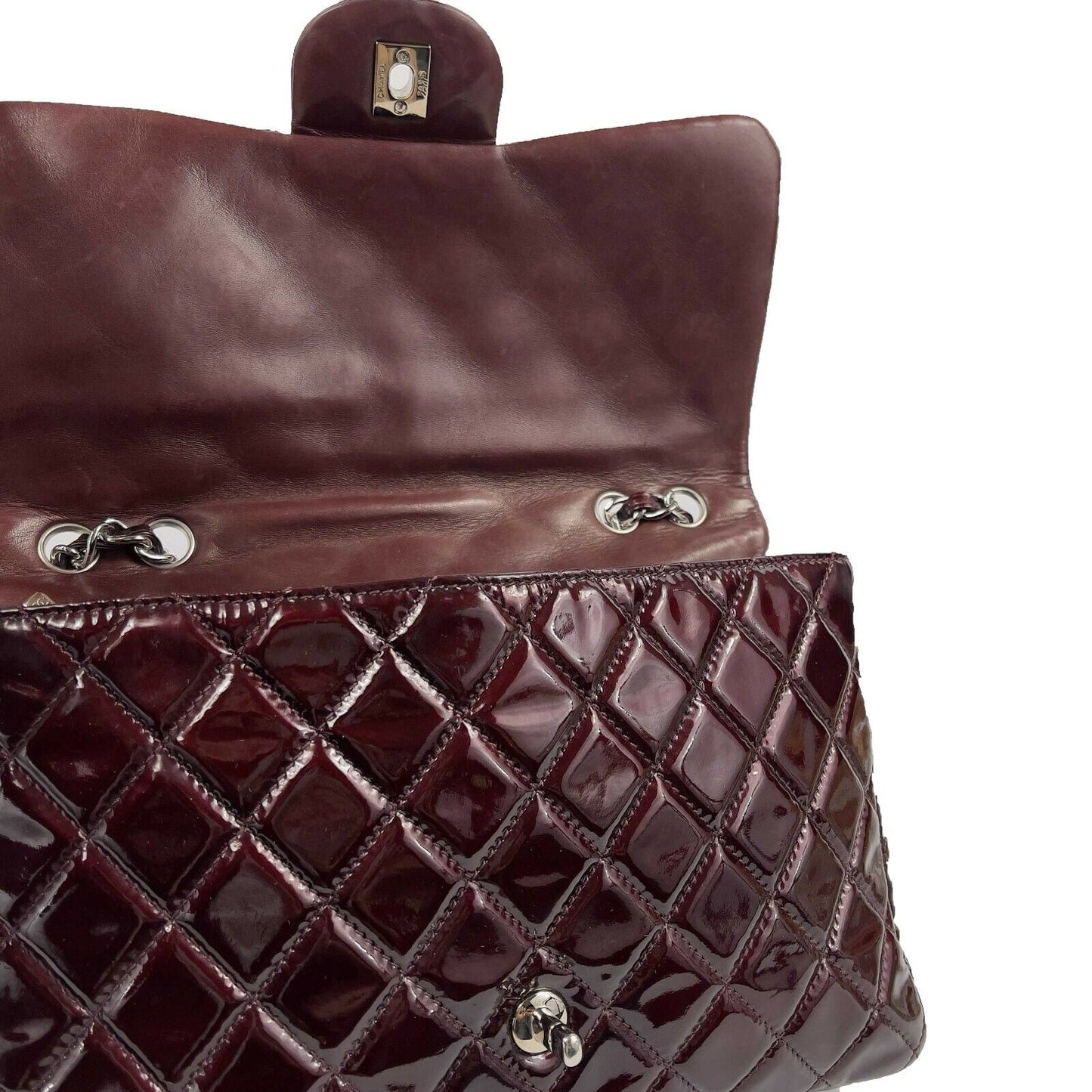 CHANEL Quilted Bordeaux / Silver Patent Leather Jumbo Single Flap Shoulder Bag