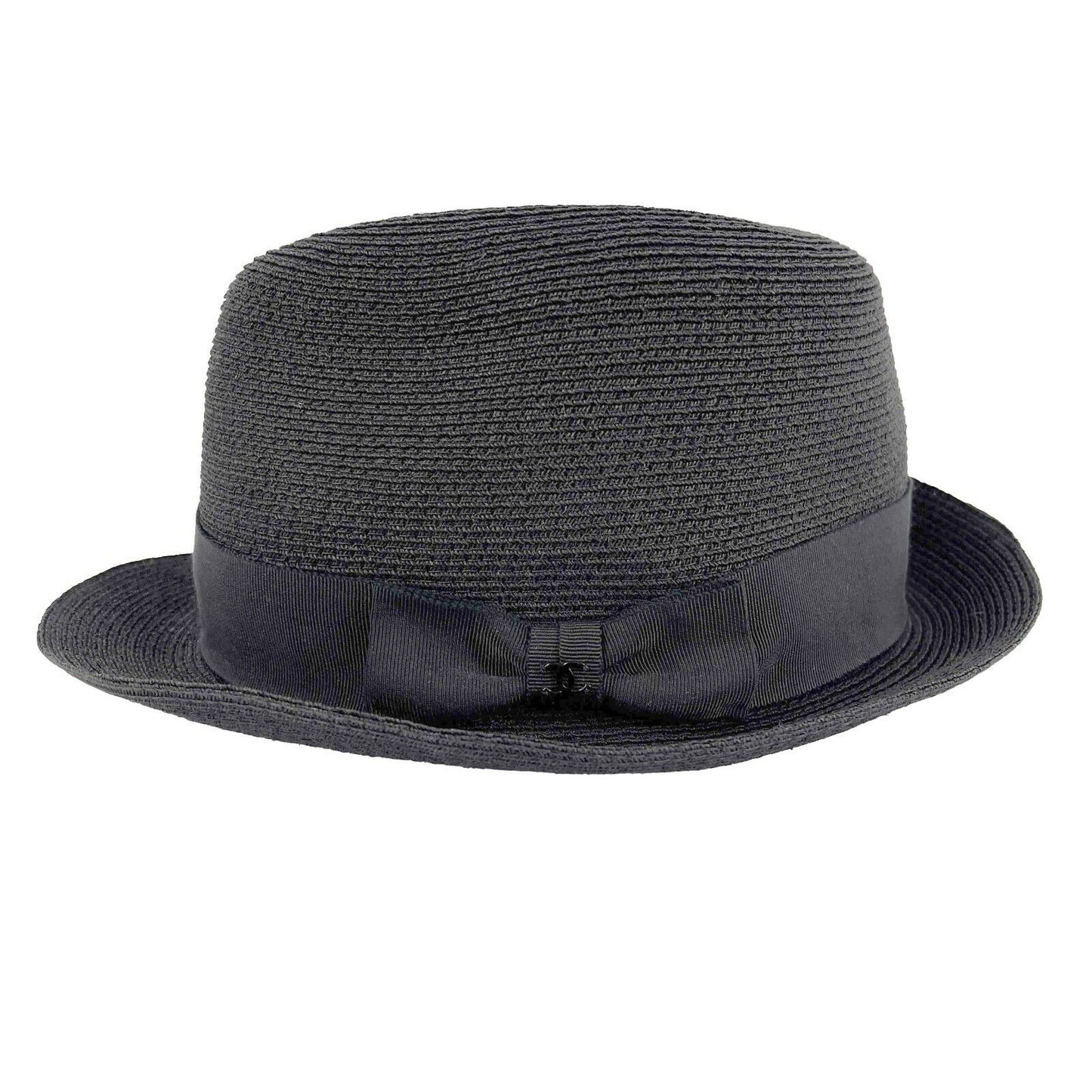 CHANEL - Straw Woven Panama Fedora - Black Hat - Grosgrain Ribbon - Size L