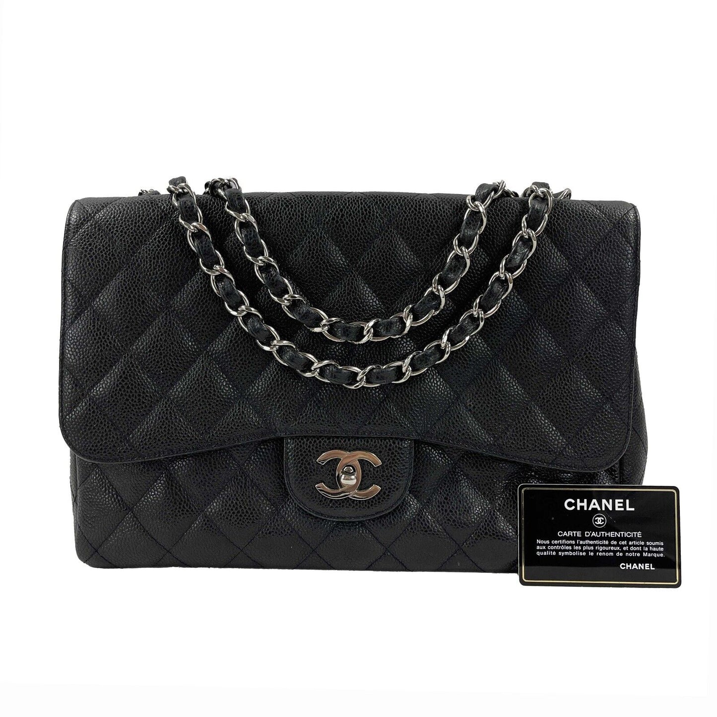 CHANEL - Jumbo Caviar Leather CC Classic Flap - Black / Silver Shoulder Bag