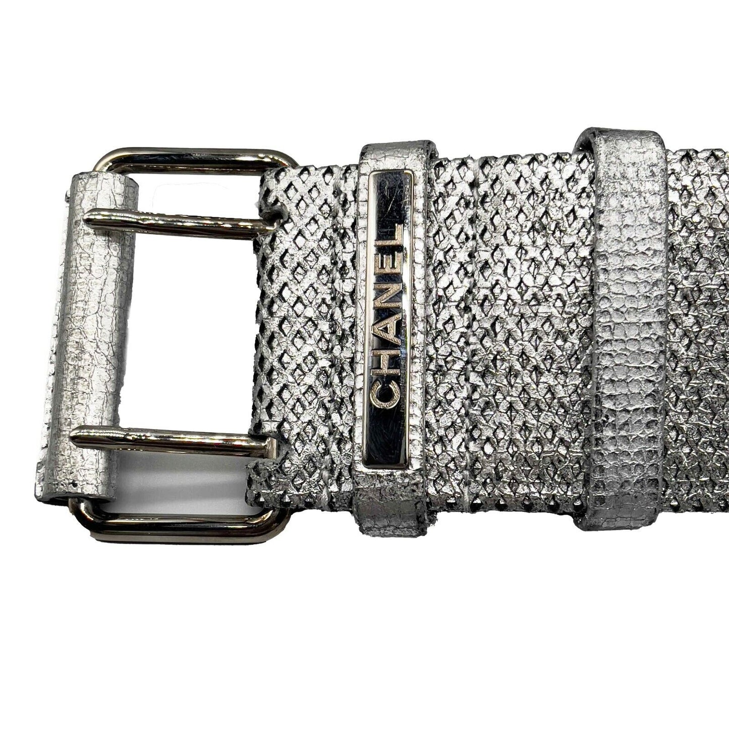 CHANEL - 08P Belt - Metallic Silver Diamond Perforated Logo Stamped - 80/32