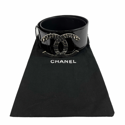 CHANEL - Excellent - 07P CC Logo Wide Patent Waist - Black - 80 - 32 - Belt