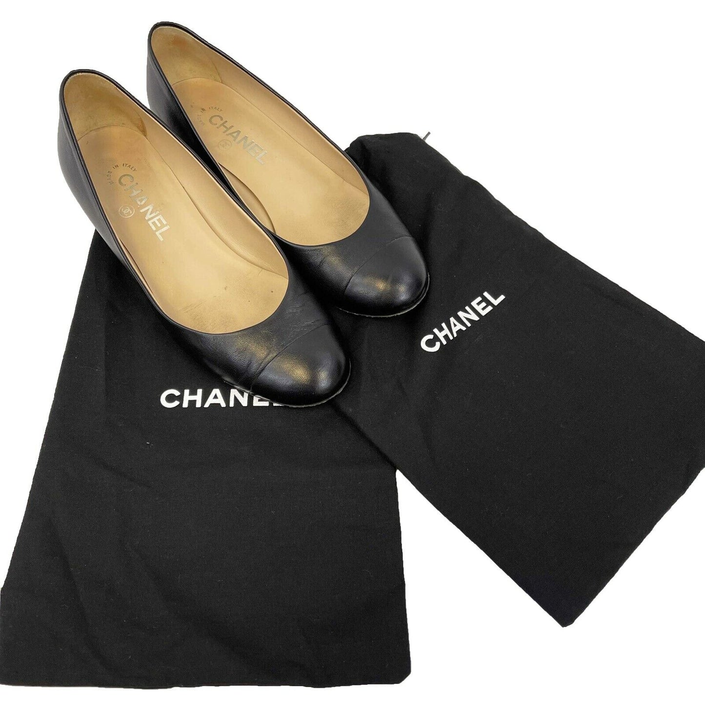 Chanel Black Lambskin Leather Pearl CC Logo Round Toe Low Block Heel Pump - 38/8