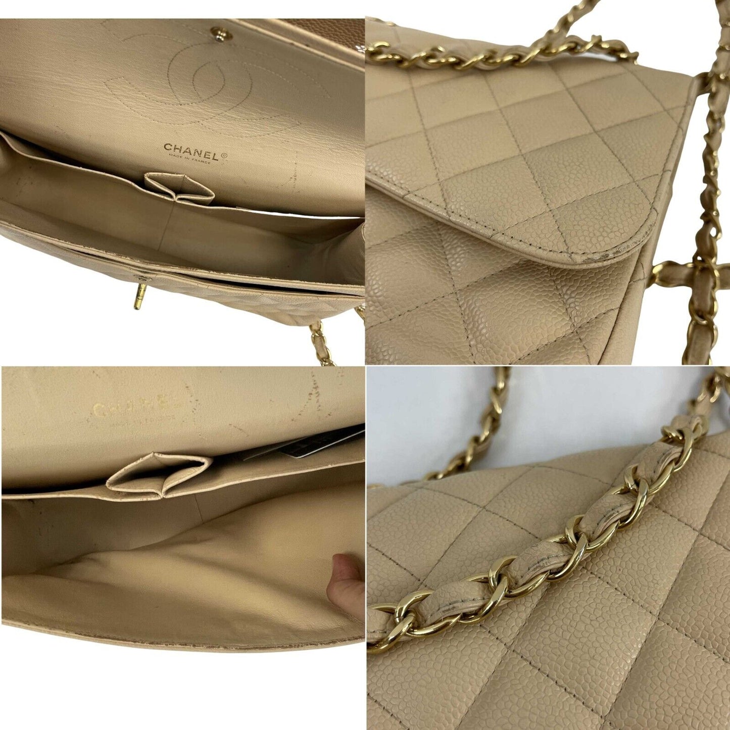 CHANEL - Large CC Caviar Leather Double Flap Tan Shoulder Bag