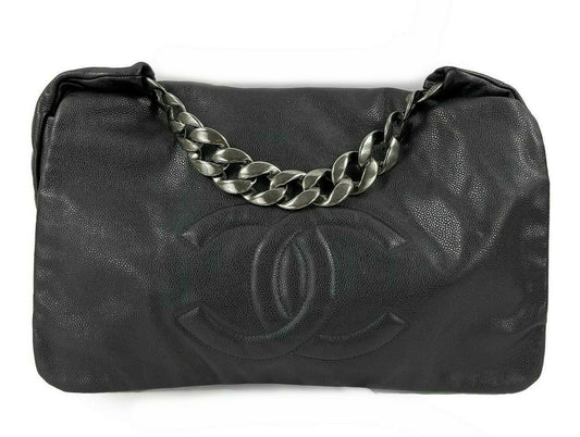 CHANEL - Large Black CC Caviar Flap 31 - Matte Silver Chain Strap Shoulder Bag