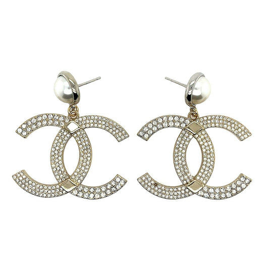 CHANEL - P21 C CC Logo Faux Pearl Drop Strass Crystal Gold Silver Earrings