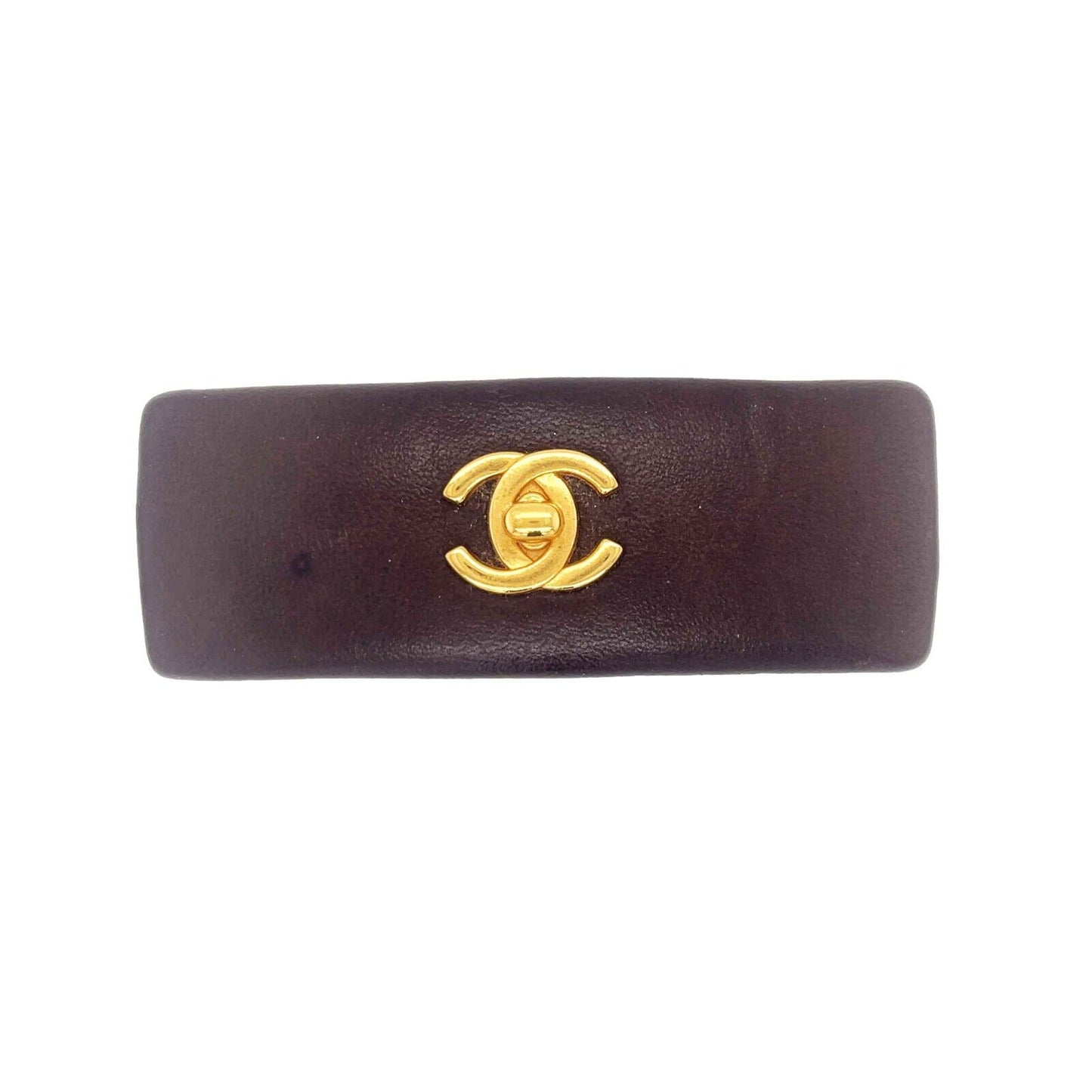 CHANEL - Brown Leather Turnlock CC Barrette - Brown / Gold