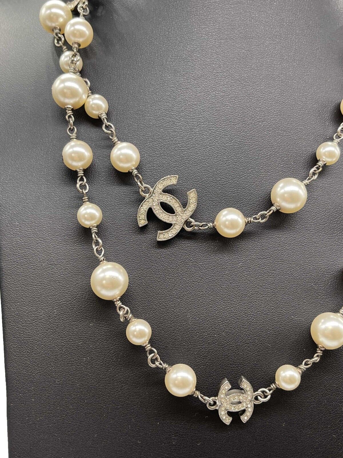 CHANEL - NEW A17 5 CC Charm Pearl Rhinestone Crystal Long Layered Necklace