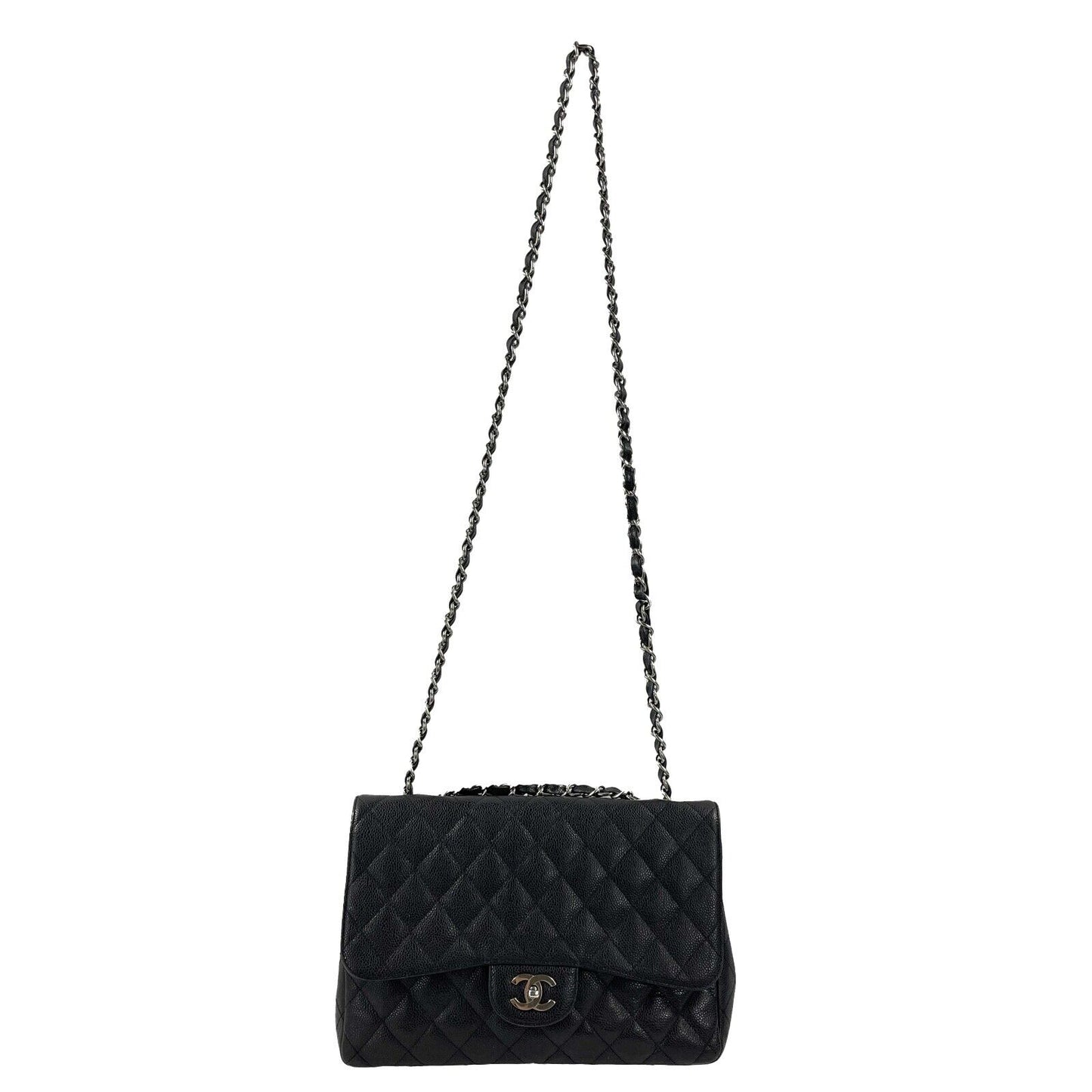 CHANEL - Jumbo Caviar Leather CC Classic Flap - Black / Silver Shoulder Bag