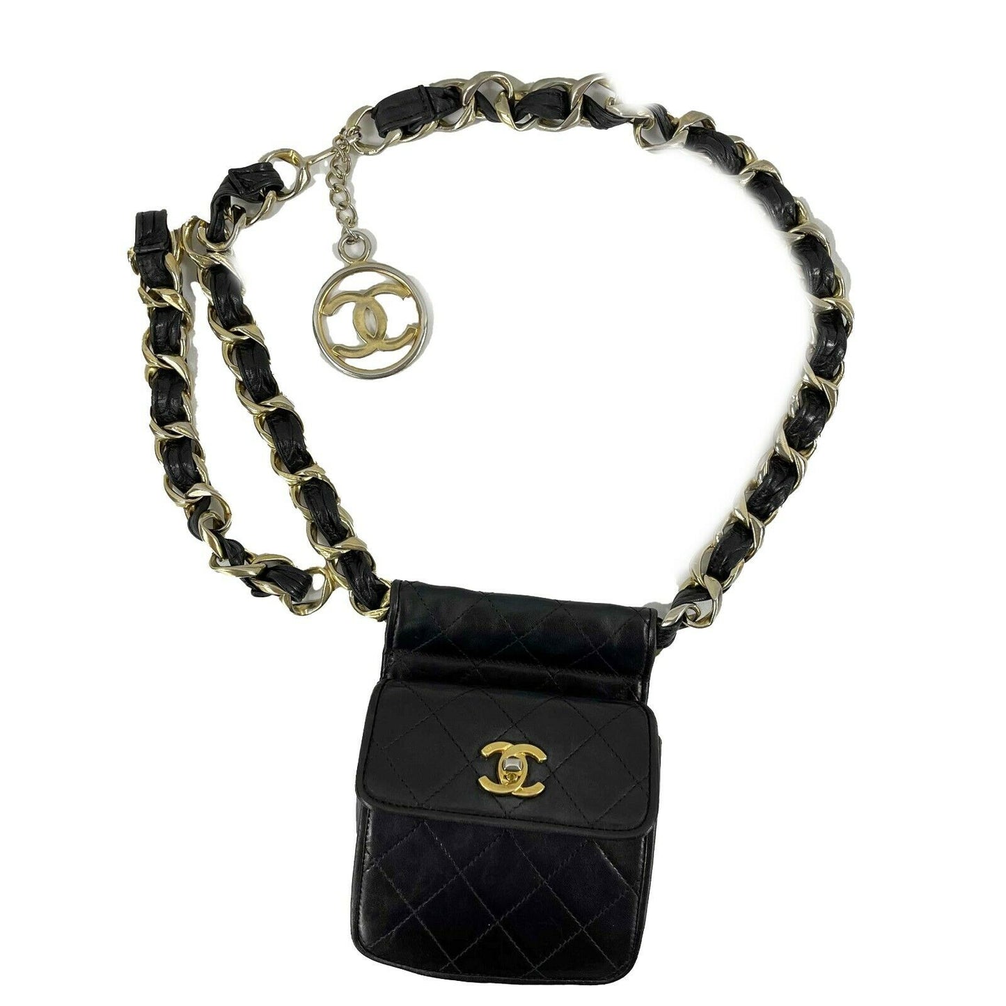 CHANEL - VTG 90s Black Quilted Leather CC Chain Belt Mini Bag / Fanny Pack