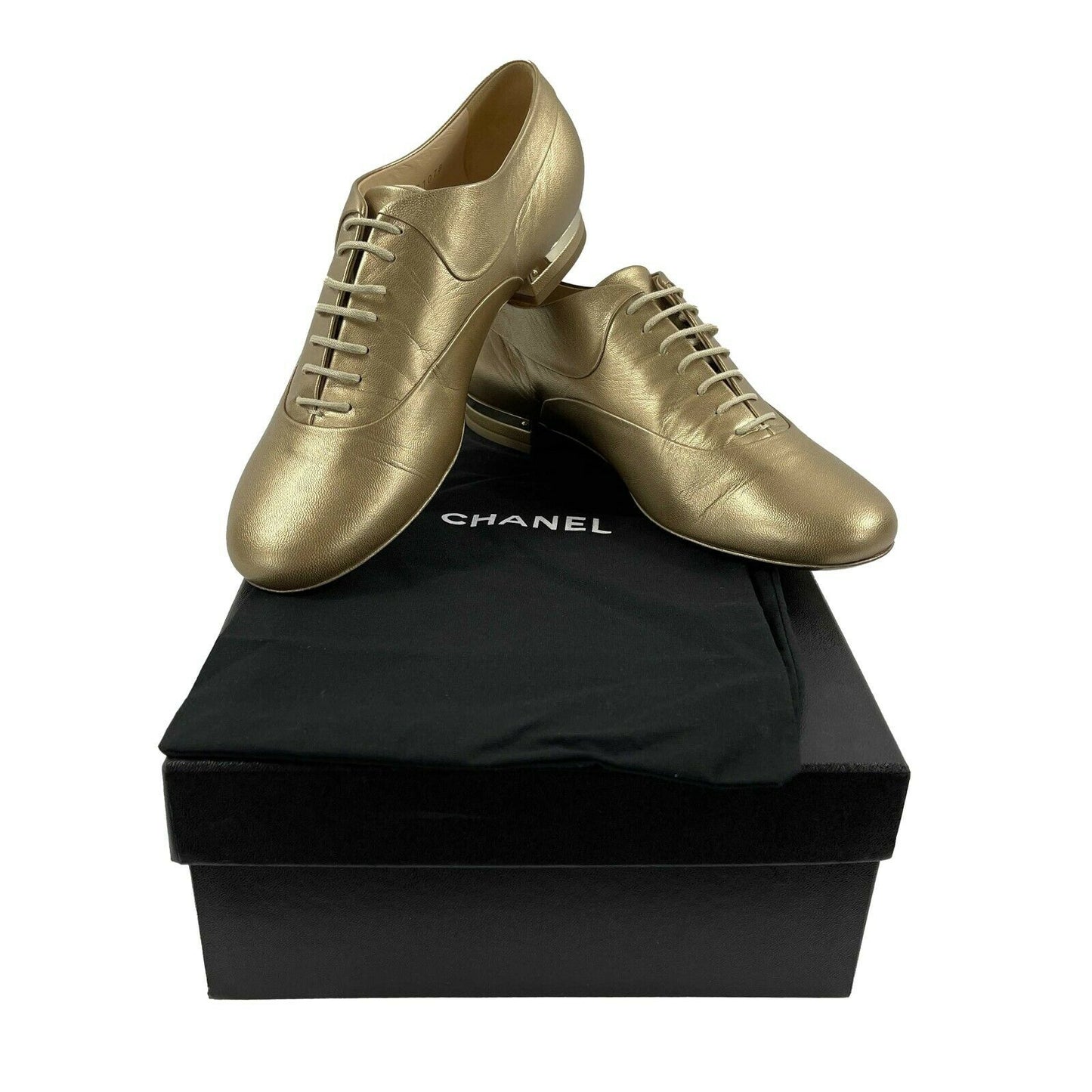 CHANEL - NEW 2015 Metallic Gold Leather CC / Pearl Oxford Shoes - 39 US 9