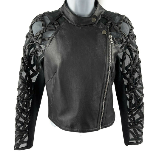 Yigal Azrouël - Sheer Embroidered Black Leather Moto Jacket - 2 / XS