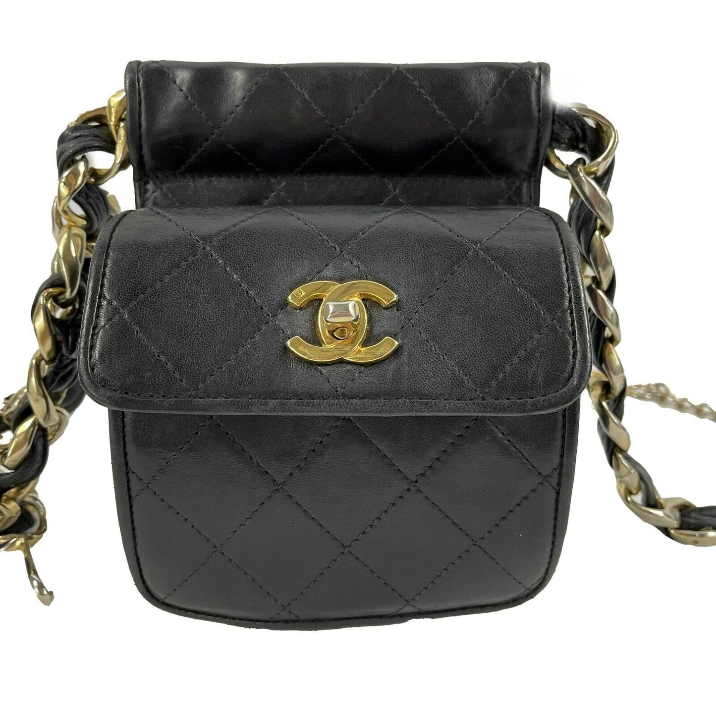 CHANEL - VTG 90s Black Quilted Leather CC Chain Belt Mini Bag / Fanny Pack