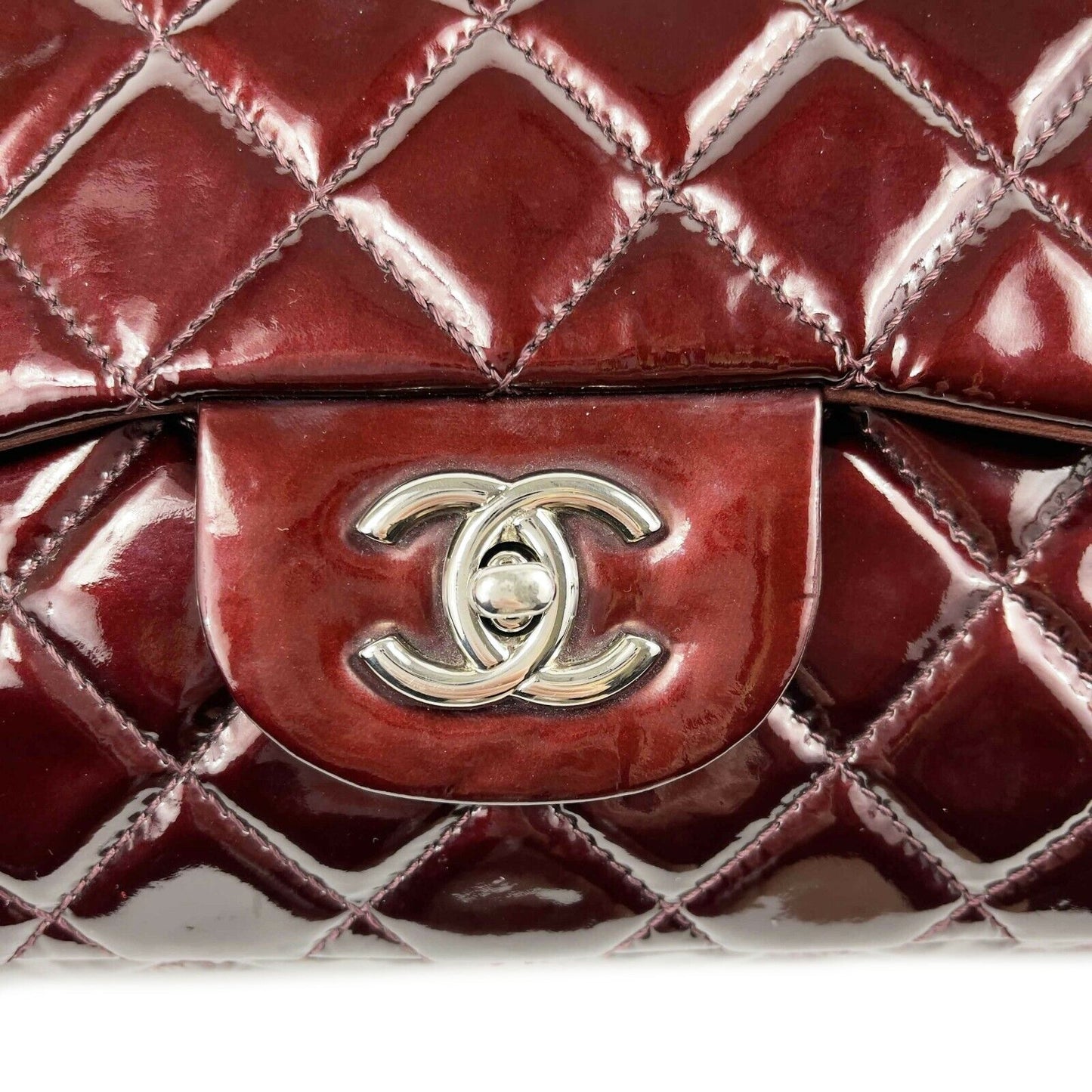 CHANEL Quilted Bordeaux / Silver Patent Leather Jumbo Single Flap Shoulder Bag