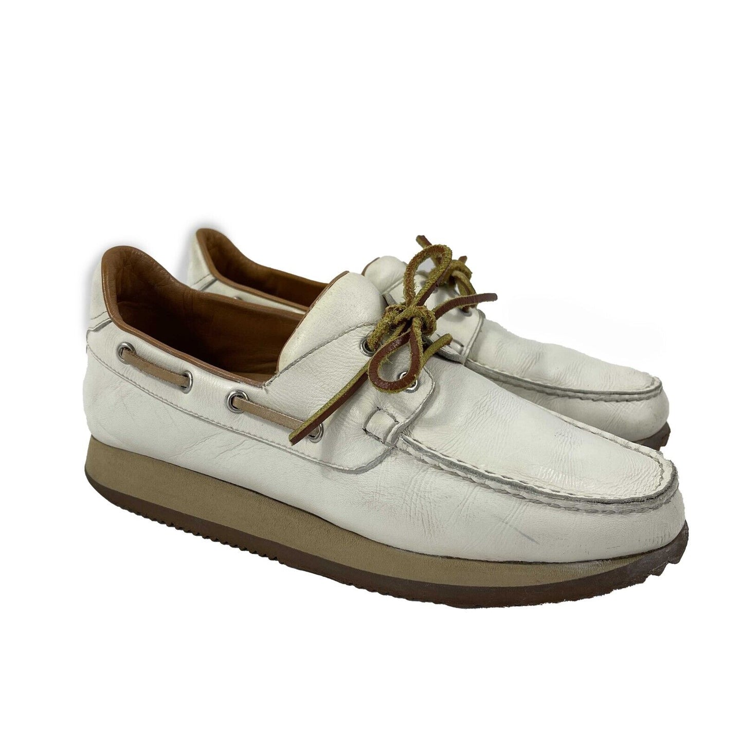 HERMES - Leather Lace Up Nautical Platform Loafers - White / Brown 38 US 8