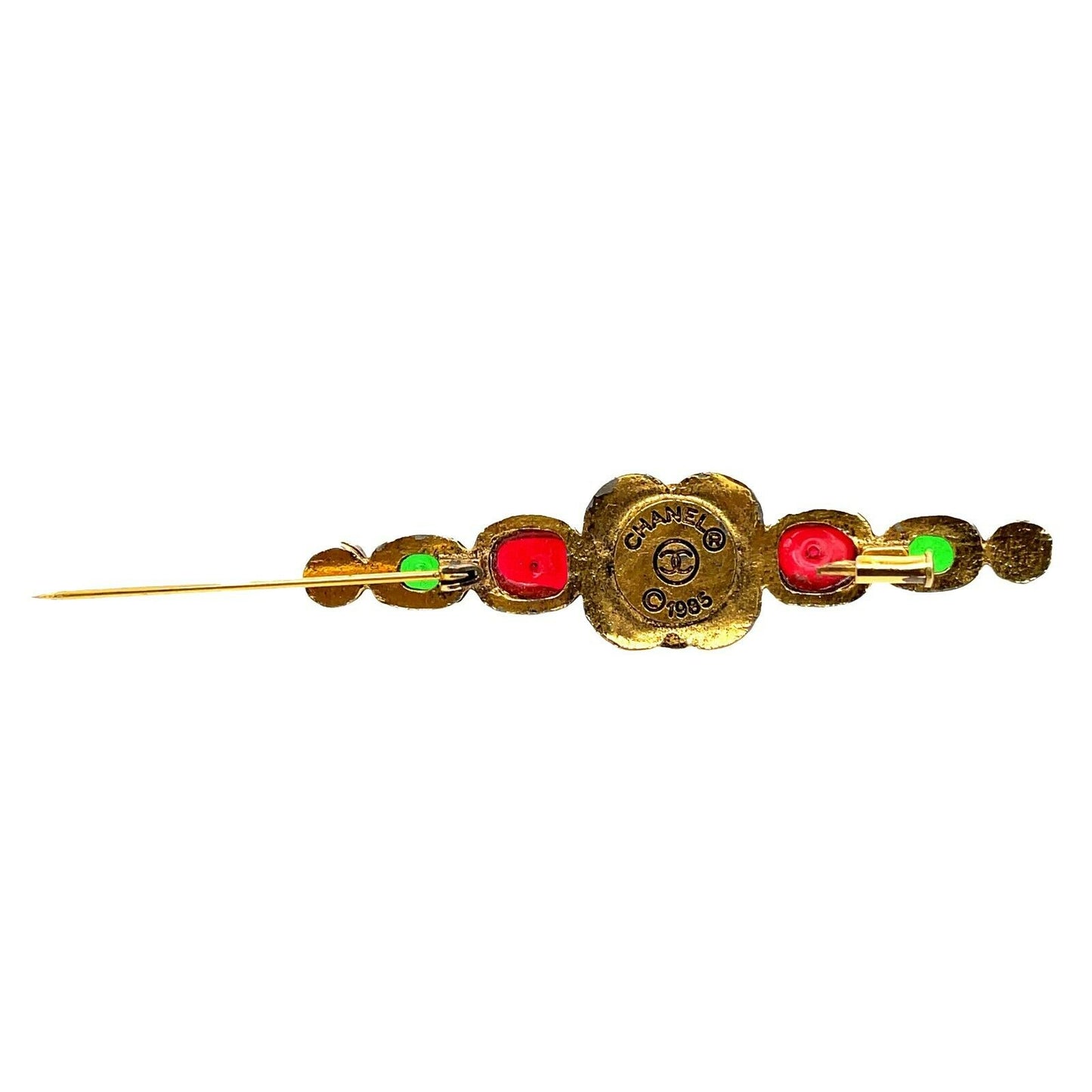 CHANEL - 1985 Vintage Gripoix and Faux Pearl / Red/ Green/ Gold Pin / Brooch