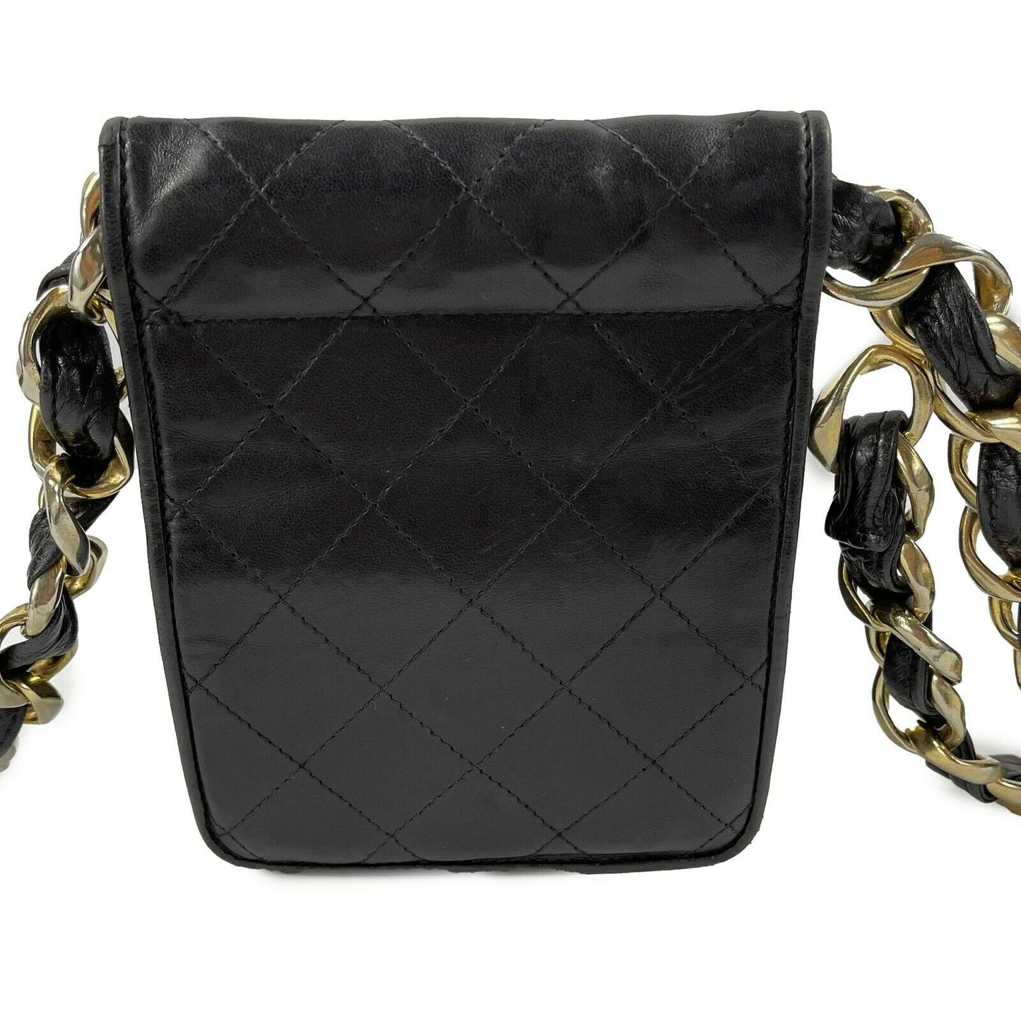 CHANEL - VTG 90s Black Quilted Leather CC Chain Belt Mini Bag / Fanny Pack