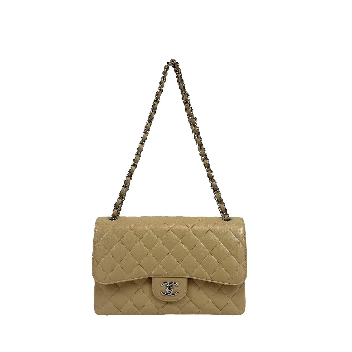 CHANEL - Large Classic Caviar Double Flap Jumbo - Beige Shoulder Bag NEW