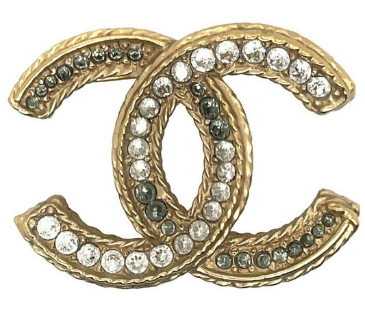 CHANEL -16V Clear and Grey Strass CC Logo - Clear / Grey / Gold Brooch w/ Box