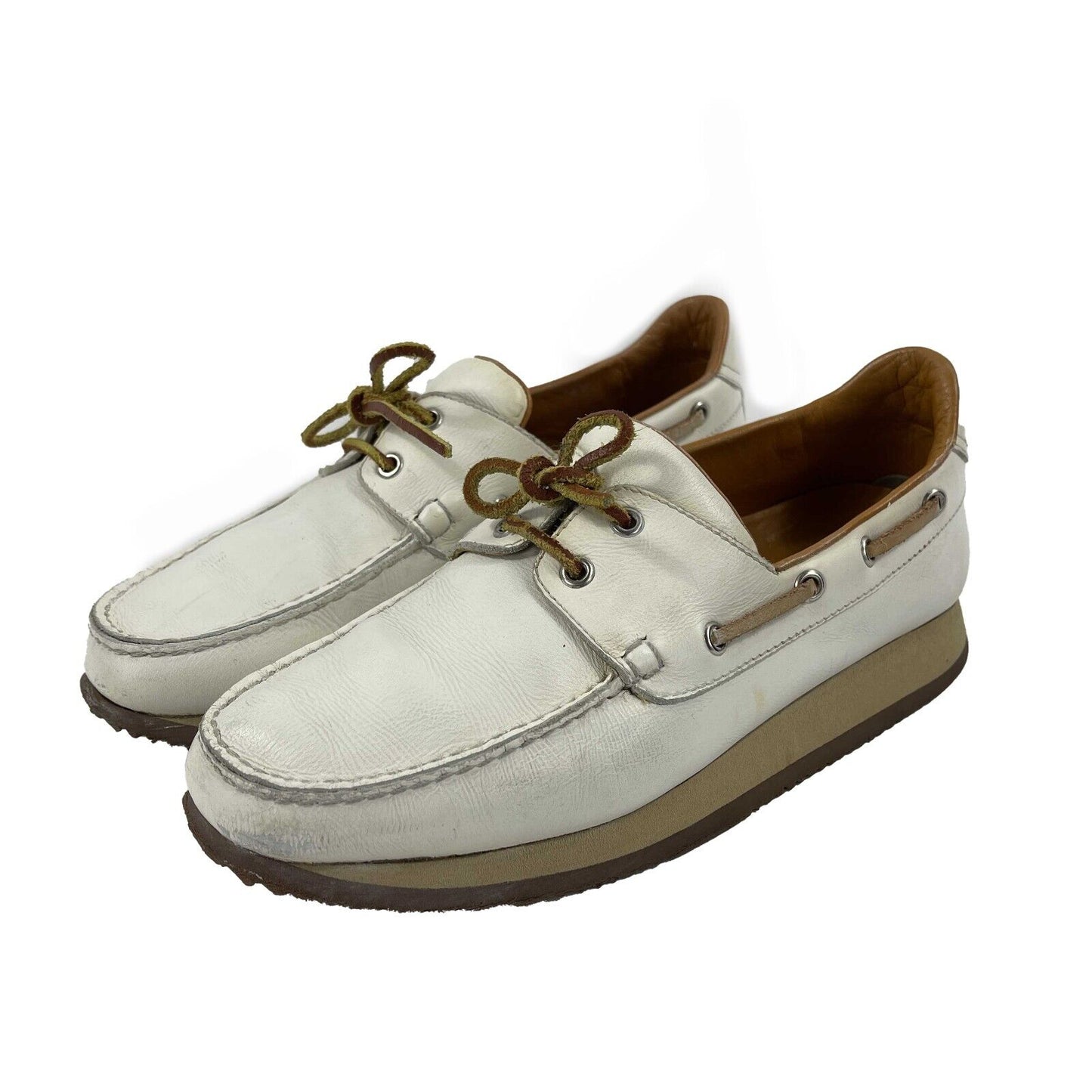 HERMES - Leather Lace Up Nautical Platform Loafers - White / Brown 38 US 8