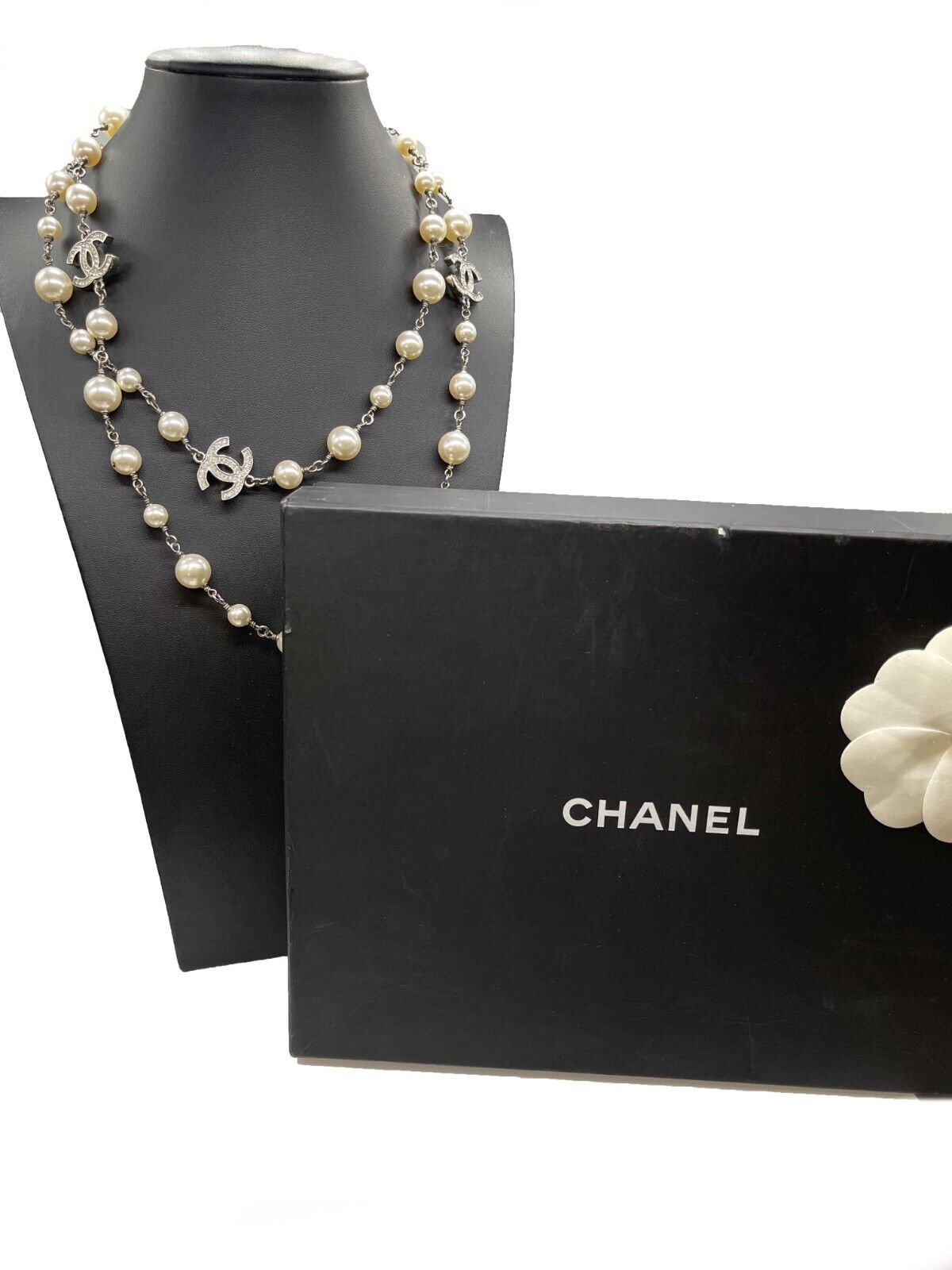 CHANEL - NEW A17 5 CC Charm Pearl Rhinestone Crystal Long Layered Necklace