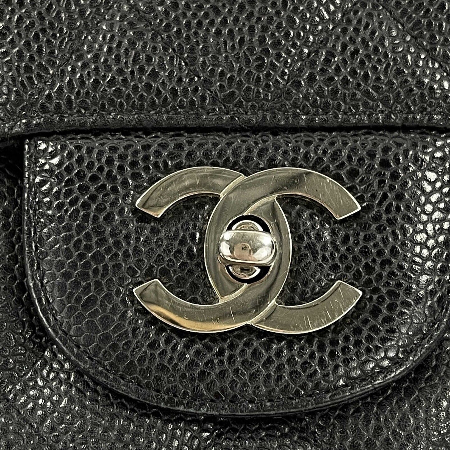 CHANEL - Jumbo Caviar Leather CC Classic Flap - Black / Silver Shoulder Bag