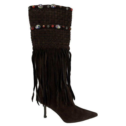 Jimmy Choo - Brown Suede Kirra Beaded Fringe Boots - Brown - 37 -US 7