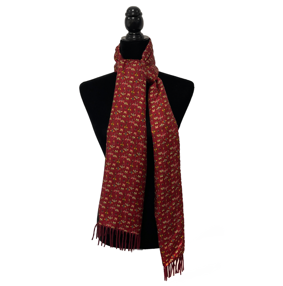 Salvatore Ferragamo - Insect Print Bee Butterfly Red Maroon Fringed Shawl Scarf