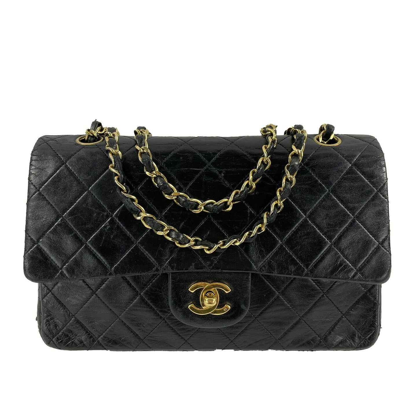 CHANEL - Vintage Black / Gold CC Medium Double Flap Quilted Shoulder / Crossbody