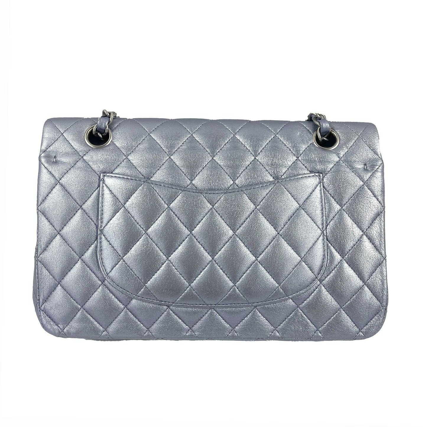 CHANEL - Classic Double Flap Metallic Silver CC Medium Leather Shoulder Bag