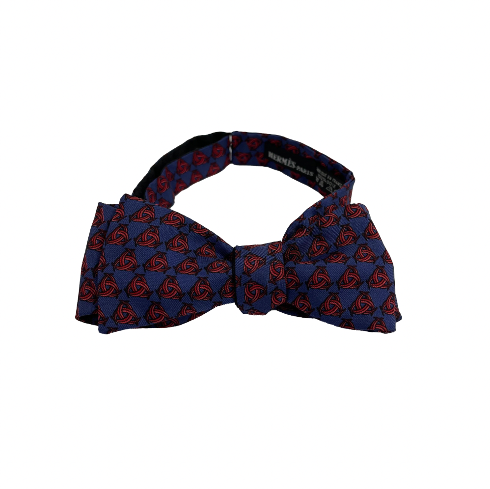 HERMES - Navy Blue Burgundy Knotted Print Bow Tie - Blue, Red - Adjustable Size