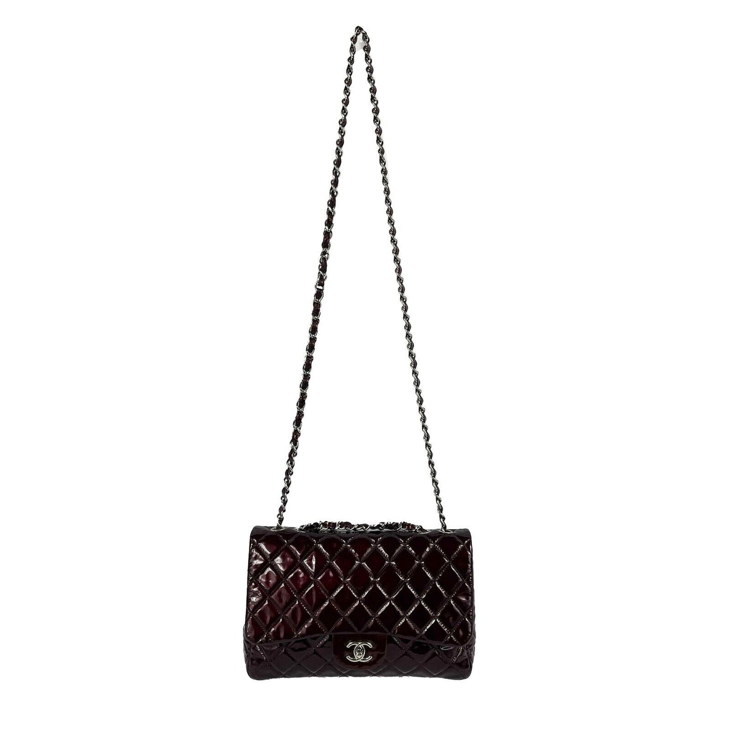 CHANEL Quilted Bordeaux / Silver Patent Leather Jumbo Single Flap Shoulder Bag