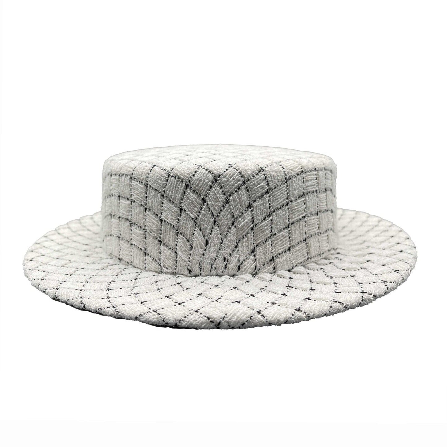 CHANEL - Quilted Fantasy Tweed CC Boater Hat - Black, White