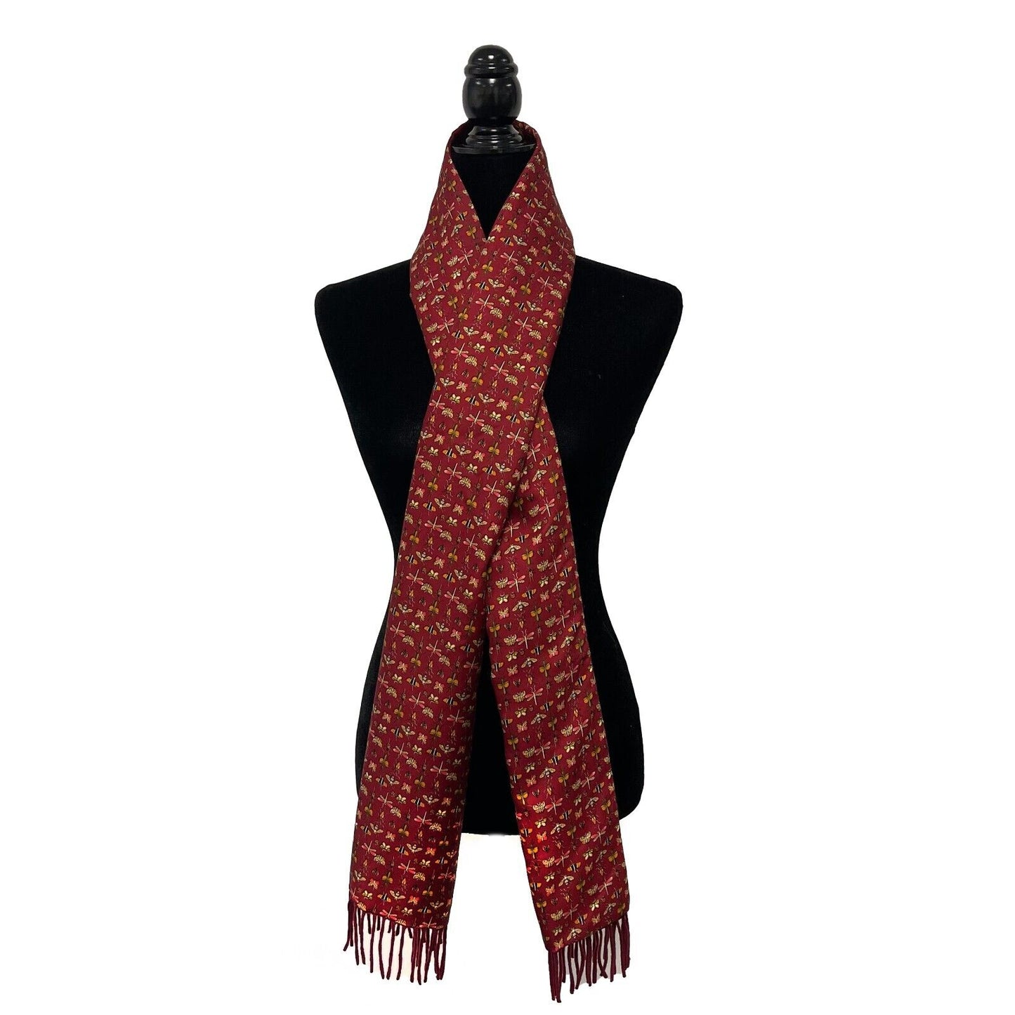 Salvatore Ferragamo - Insect Print Bee Butterfly Red Maroon Fringed Shawl Scarf