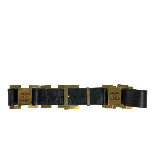 CHANEL - Vintage 1980's Black Leather and Gold Buckle CC Link Belt - 75 / 30