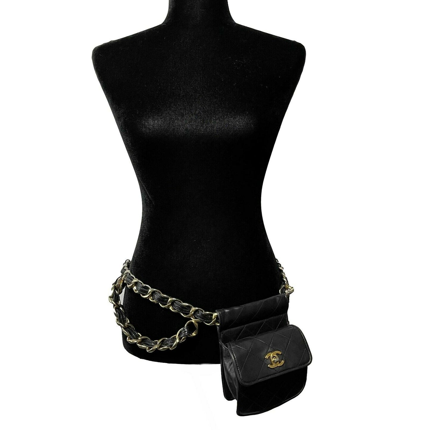 CHANEL - VTG 90s Black Quilted Leather CC Chain Belt Mini Bag / Fanny Pack